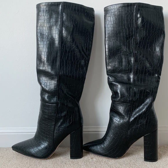 Knee Tall Vegan PU Croc Pointed Boots - Picture 4 of 8